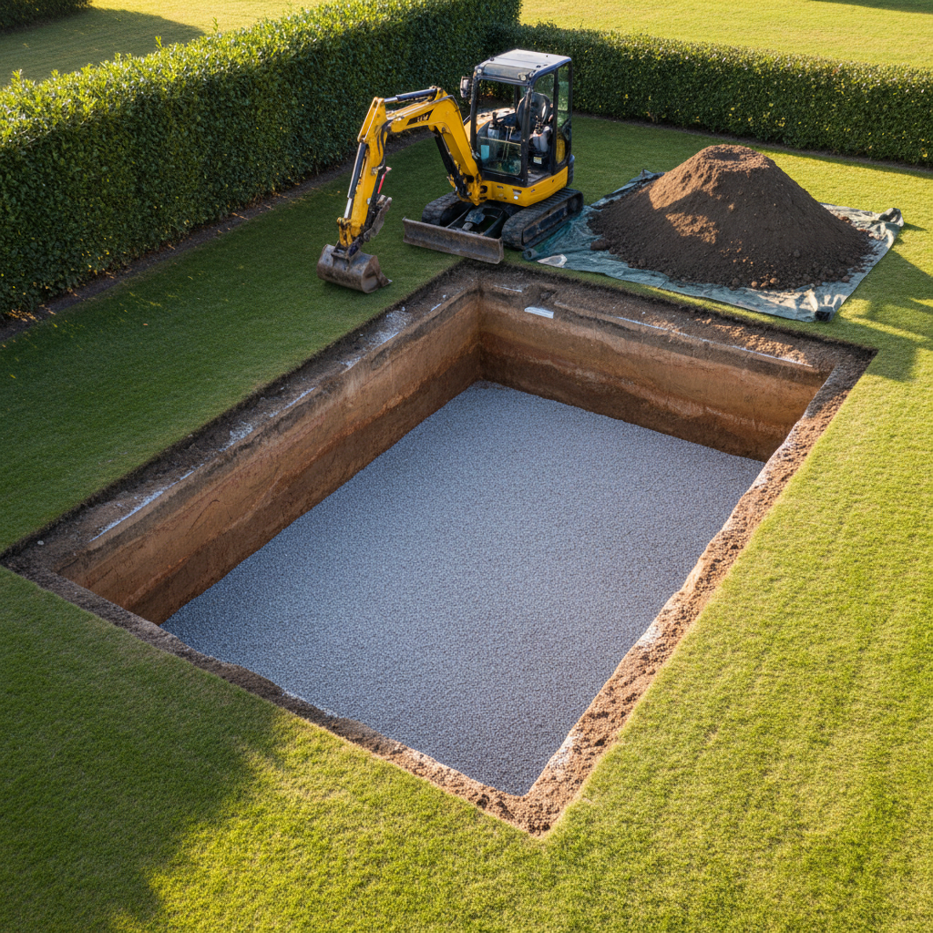 A meticulously prepared excavation site for a swimming pool in a residential garden, with cleanly cut earth walls and compacted gravel base. A mini-excavator is parked to the side, its metal tracks and bucket covered in fresh soil, while a pile of neatly deposited earth sits nearby, ready for later use. Surrounding lawn and hedges are intact, showing careful work. Warm midday sunlight highlights the textures of soil layers and gravel, casting defined but not harsh shadows. Photographic realism, shot from a slightly elevated angle to reveal the full pool shape and depth. The mood is technical and precise, emphasizing professional earthworks and pool terrace preparation.