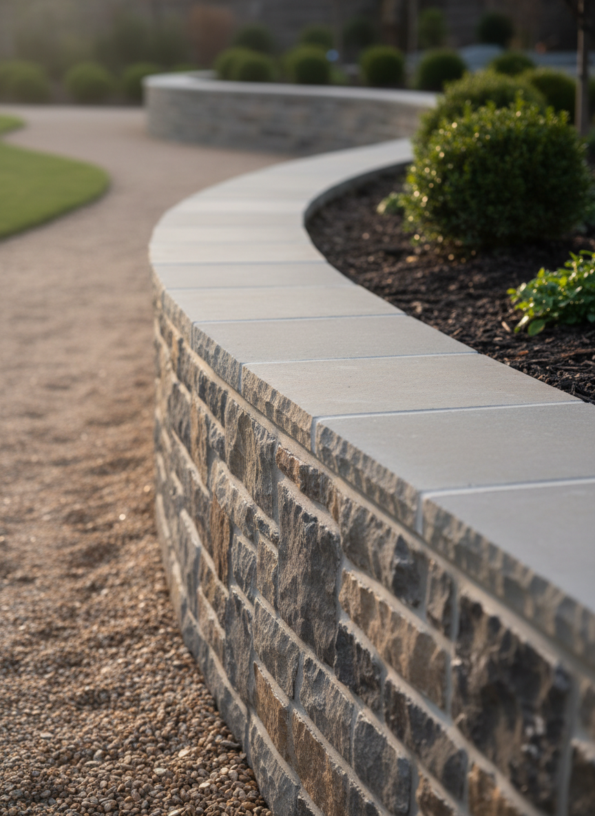 A close-up, photographic view of a beautifully crafted stone murette running alongside a garden path, built with irregular yet carefully fitted natural stones in shades of grey and sand. The mortar joints are clean and even, and the top of the wall is capped with smooth, aligned coping stones. On one side, a compacted gravel pathway leads into the distance; on the other, a mulched planting bed with small evergreen shrubs. Captured in soft morning light, creating gentle highlights on the stone textures and subtle shadows in the joints. Shot at low angle along the wall, with shallow depth of field, giving a professional, artisanal mood focused on masonry excellence.