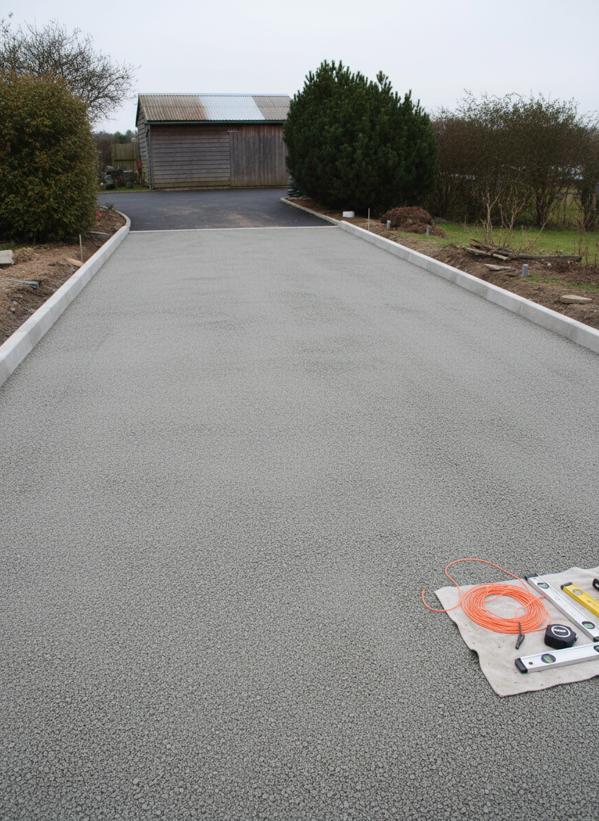 A carefully graded terrain prepared for future asphalt (enrobé), showing a smooth, compacted aggregate surface with subtle curvature for water runoff. A string line and leveling tools lie neatly to one side, and the edges are contained by freshly installed concrete borders. In the background, an existing driveway and a small outbuilding hint at the upcoming finished space. Overcast natural light provides even illumination, highlighting the uniform texture of the compacted base. Photographic realism, wide-angle eye-level shot with sharp focus throughout. The mood is technical and methodical, underlining the precision of professional terrassement before asphalt application.