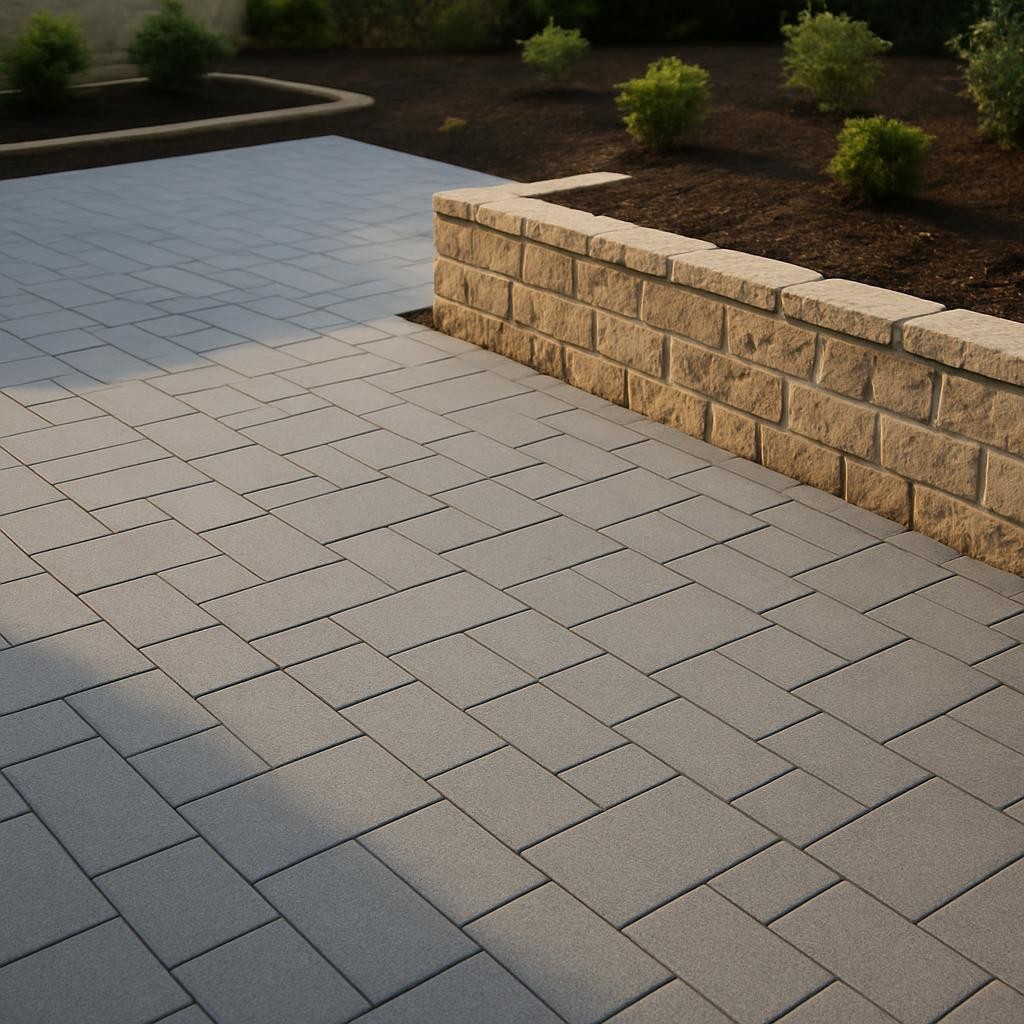 A freshly finished modern driveway and courtyard, with crisp grey concrete pavers bordered by a low stone murette in warm beige tones. The joints between pavers are perfectly aligned, with a subtle texture catching the light. In the background, neatly contoured planting beds with dark, rich soil and young shrubs frame the space. Shot in soft late afternoon natural light, creating gentle, elongated shadows that emphasize the clean lines. Photographic realism, eye-level composition with slight angle to show depth, sharp focus throughout. The atmosphere is professional, orderly, and welcoming, ideal to illustrate high-quality exterior landscaping and driveway construction for a residential property.