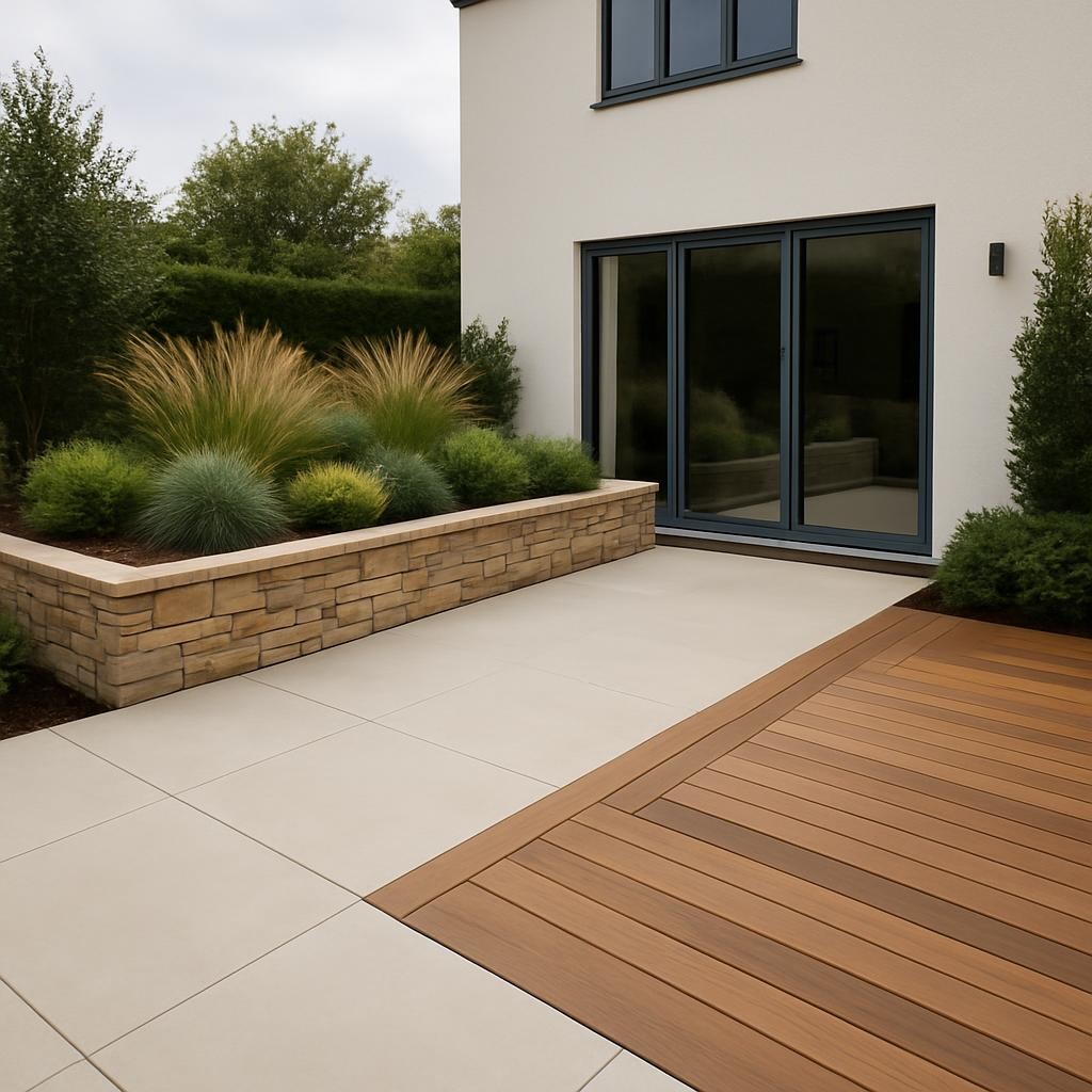 An elegant landscaped terrace behind a contemporary home, featuring a smooth light-beige concrete slab terrace adjacent to a section of warm-toned wooden decking. A precisely built stone retaining wall supports a raised planting bed with ornamental grasses and low shrubs. The terrace is impeccably clean, with crisp edges and careful joints. Captured in diffused overcast daylight that softens colors and reduces harsh shadows, giving a calm, high-end feel. Photographic realism, slightly elevated wide-angle view to show the overall layout and different materials. The mood is serene and sophisticated, perfect for showcasing professional outdoor living space design and construction.