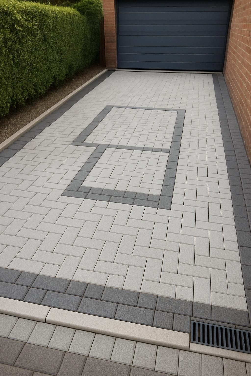 A freshly laid decorative paved alleyway leading to a garage, combining interlocking pavers in two complementary tones: light grey for the main surface and darker charcoal for the borders and patterns. The surface is perfectly level, with precise alignment at drains and thresholds. A clean concrete curb separates the paving from a neatly graded gravel strip and trimmed hedge. Photographic realism under bright but slightly diffused daylight, emphasizing the crisp geometry without harsh contrast. Captured from a low, three-quarter angle to accentuate perspective and depth. The mood is clean, modern, and professional, ideal to demonstrate expert courtyard and alley paving work.